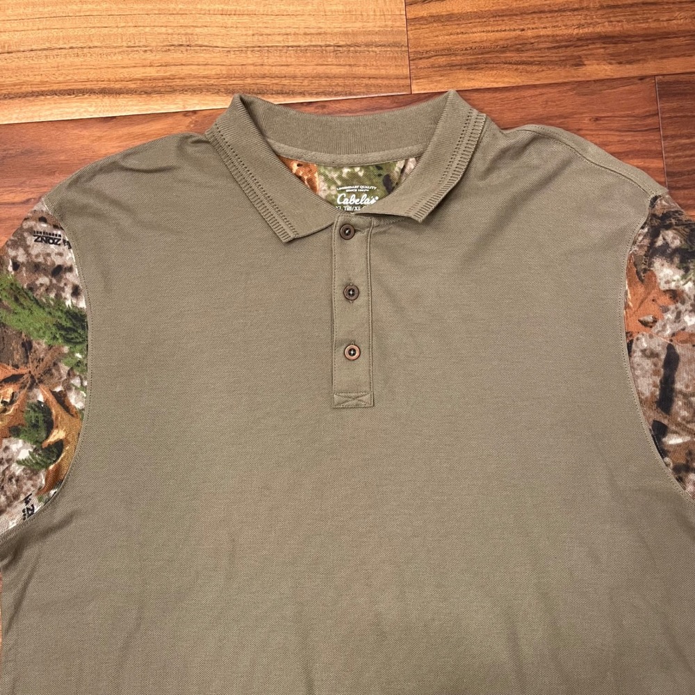Cabelas Polo Shirt Mens XL Tall Olive Green Camo Sleeve Hunting Outdoor Pique - Picture 2 of 8